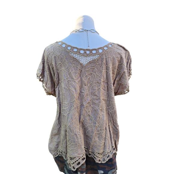 Vtg Jane Ashley Tan Beige Embroidered Floral Cutout Boho Hippie Mesh Top Sz M - Picture 6 of 8